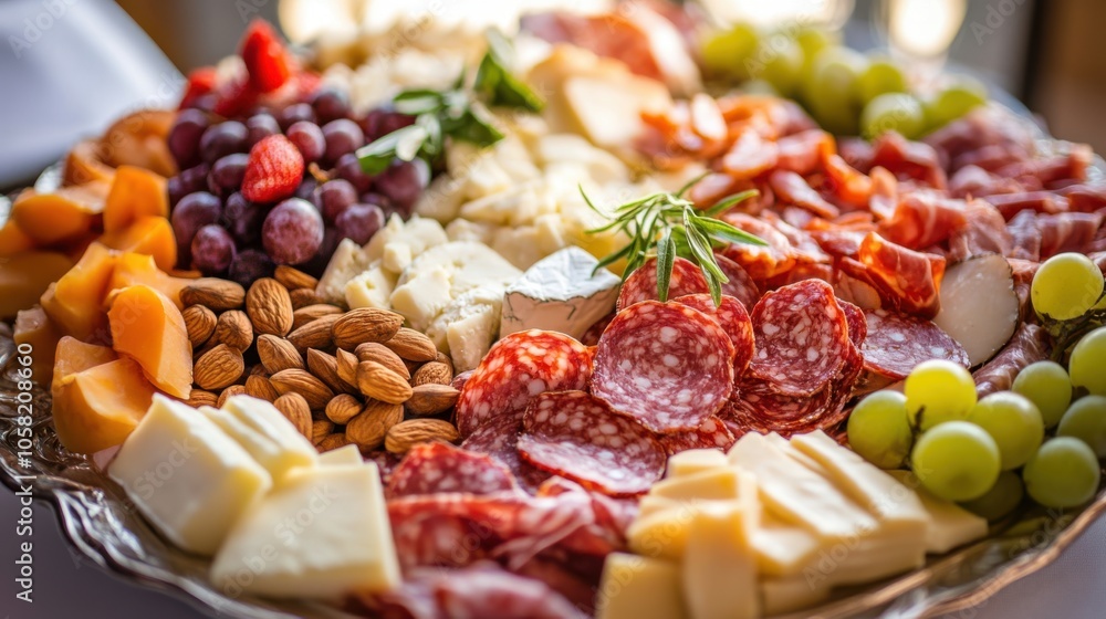 A stylish charcuterie platter with fine cheeses, gourmet A stylish charcuterie platter with fine cheeses, gourmet