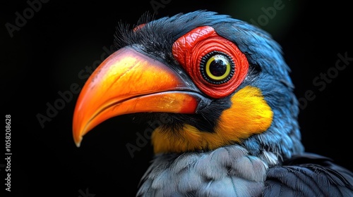 Close-up of a colorful bird with striking features and vibrant colors.