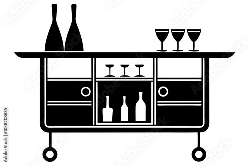 A clean, modern vector of a bar cart silhouette, featuring basic shapes of wine glasses, cocktail glasses, and a few bottles on top.