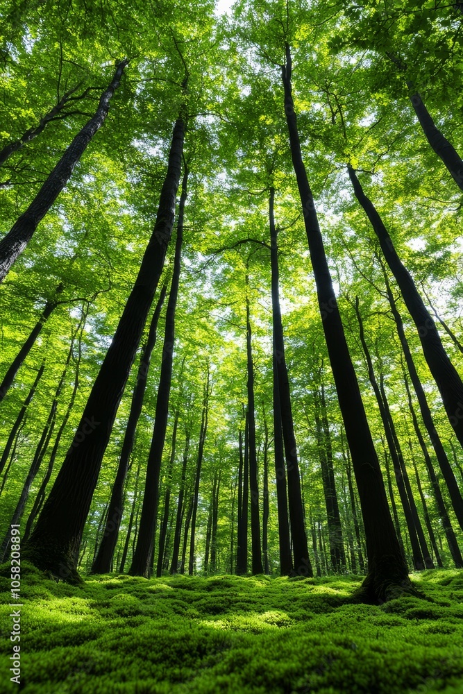 Obraz premium close up of lush green moss with blurred background of trees and garden path.