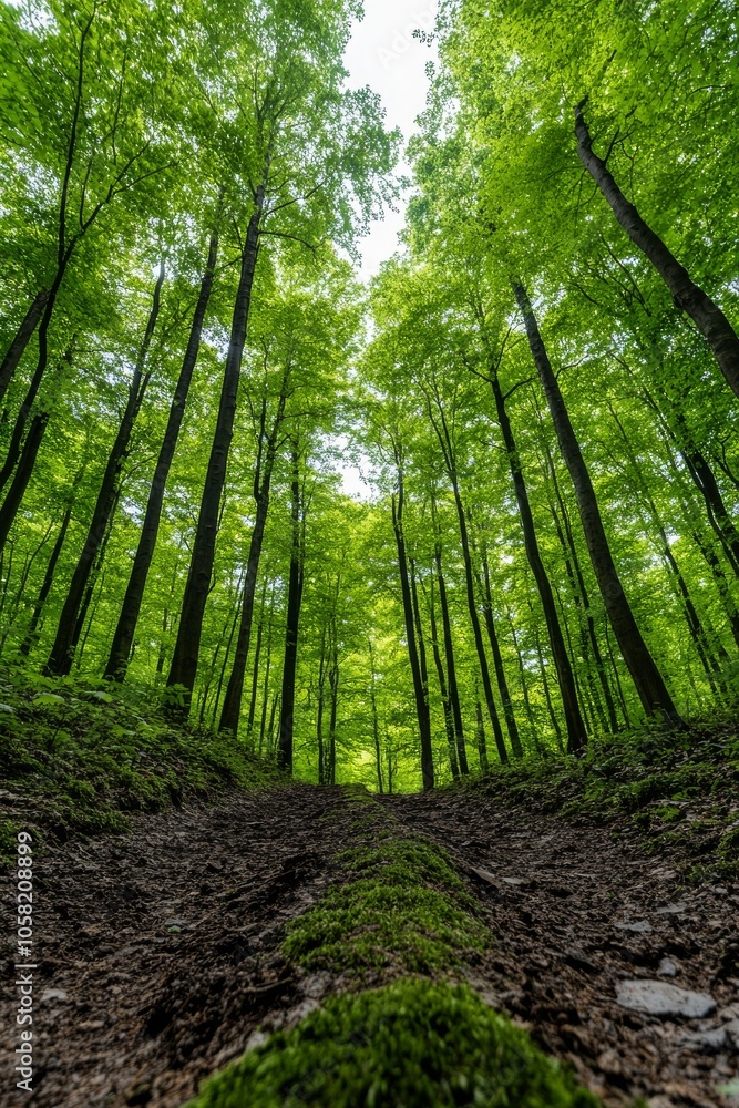 A close-up of a path with dappled sunlight in a green, lush forest with copy space. A close-up of a path with dappled sunlight in a green, lush forest with copy space.