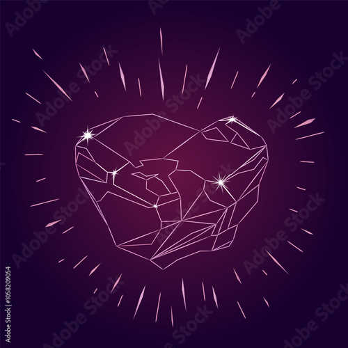 Shining Natural Rough Pink Diamond. Vector lineart illustration of uncut blue diamond. Surface of the gemstone is uneven, with rough edges remaining from mining.