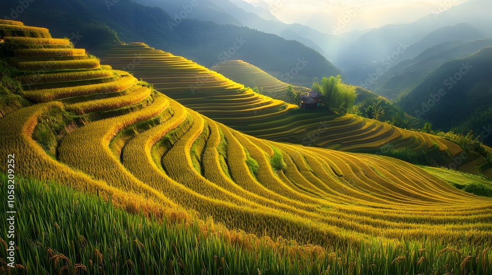 Terraced rice field in harvest season in Mu Cang Chai, Vietnam. Mam Xoi popular travel destination. Terraced rice field in harvest season in Mu Cang Chai, Vietnam. Mam Xoi popular travel destination.