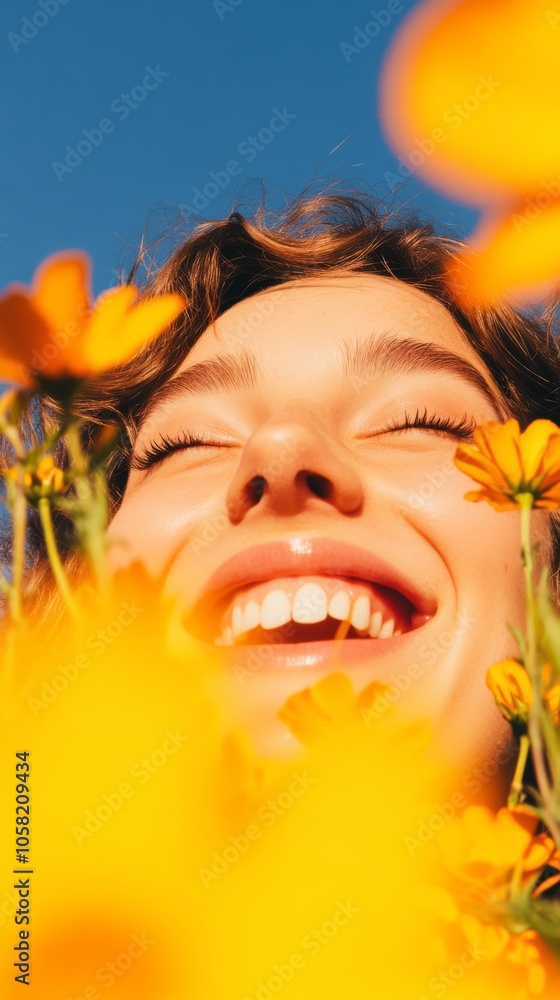 Fototapeta premium A natural candid shot of a beautiful woman laughing in a field of flowers with soft sunlight filtering through her hair, capturing a sense of freedom, joy, and warmth.