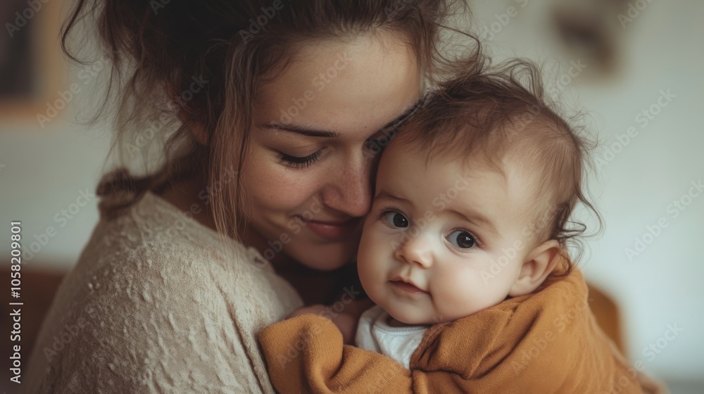 A woman gently cradling her baby, soft natural light A woman gently cradling her baby, soft natural light
