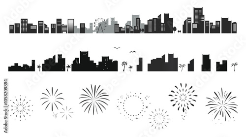 海辺の街並みと花火のシルエットイラストのセット　背景イラスト　都市景観