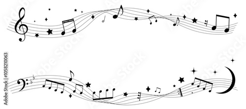 夜空をイメージした遠近感のある楽譜のフレームイラスト　五線譜　背景イラスト　音符、休符、音楽記号のイラスト