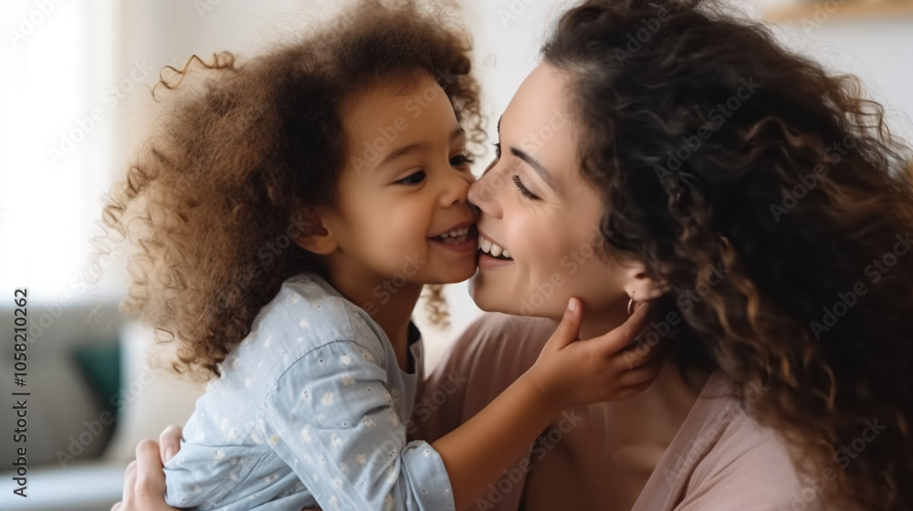 A mother and daughter kissing in the living room, smiling at each other. A mother and daughter kissing in the living room, smiling at each other.