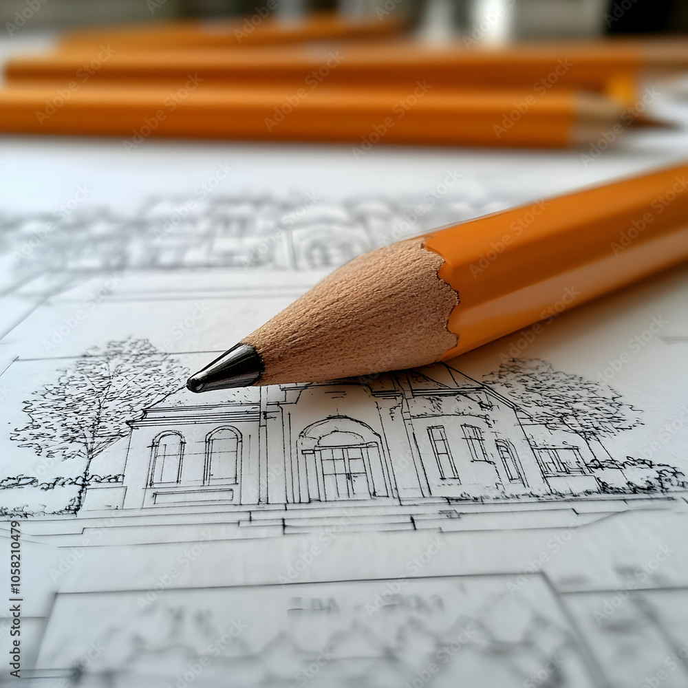 Illustration of Pencil on Architectural Drawing of House Illustration of Pencil on Architectural Drawing of House