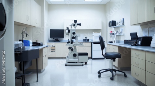 An eye exam room with modern diagnostic tools