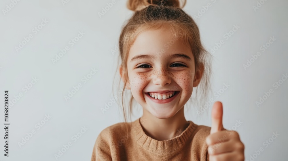 Happy Little Girl with Freckles Gives Thumbs Up - Portrait of Joy and Optimism Happy Little Girl with Freckles Gives Thumbs Up - Portrait of Joy and Optimism
