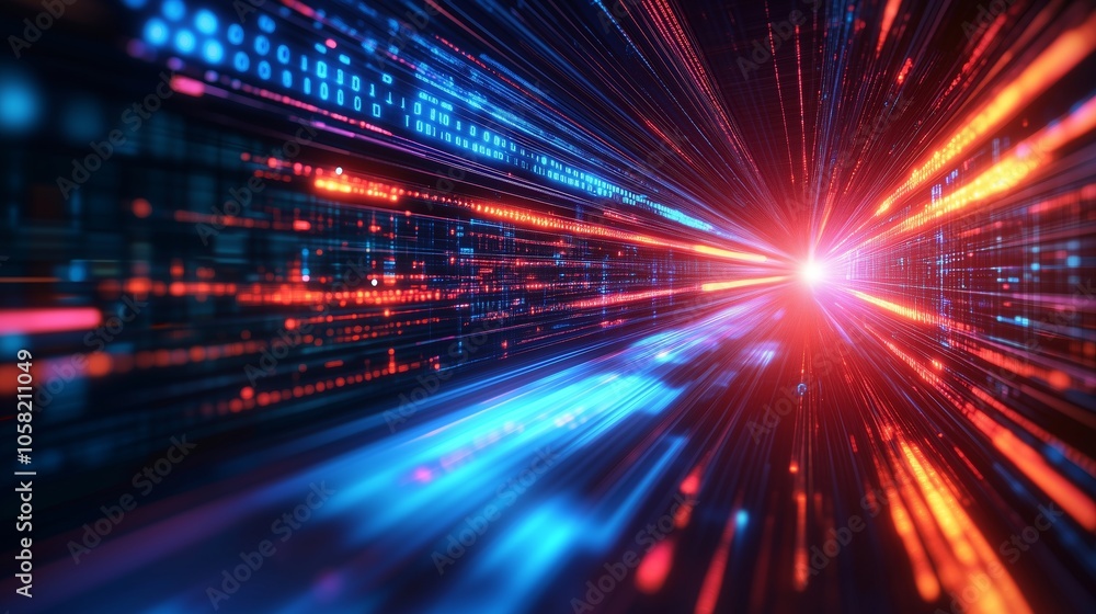 Abstract digital background with blurred light streaks and data center elements, symbolizing fast connection speed in technology or big data Abstract digital background with blurred light streaks and data center elements, symbolizing fast connection speed in technology or big data