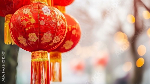 Red lanterns hanging from tree branches, creating warm glow, surrounded by lush green foliage in park.