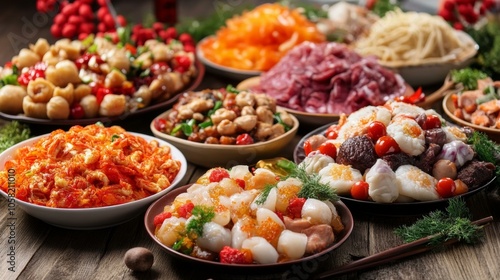 Table filled with bowls containing various foods, showcasing diverse culinary delights, ready for dining.