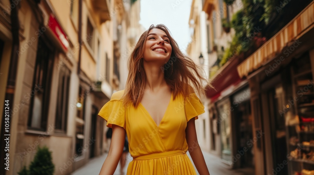 Smiling Woman in Yellow Dress Walking on a City Street Smiling Woman in Yellow Dress Walking on a City Street