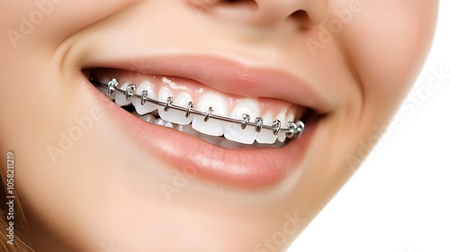 A detailed shot of a young woman smiling brightly, revealing her metal orthodontic braces that contribute to her dental health and oral hygiene