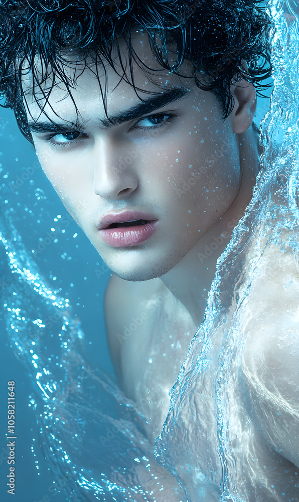 Serious Male Model in a Bathroom-Themed Campaign with Light Blue-Toned Color Palette Serious Male Model in a Bathroom-Themed Campaign with Light Blue-Toned Color Palette