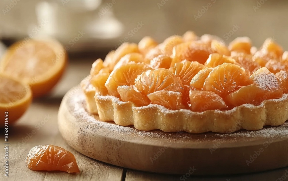 Wooden cutting board with sliced oranges, orange zest, powdered sugar, and fresh mint leaves. Wooden cutting board with sliced oranges, orange zest, powdered sugar, and fresh mint leaves.