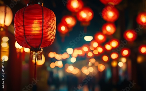 Red lantern hanging from ceiling casting warm glow in cozy room, adding charm and elegance to decor.