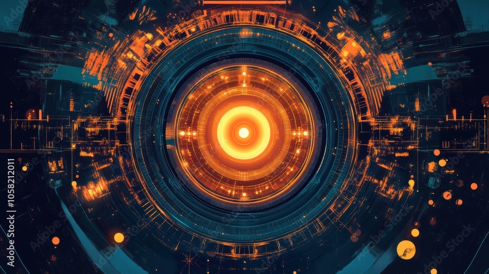 Abstract Circular Digital Interface with Glowing Orange Center Abstract Circular Digital Interface with Glowing Orange Center