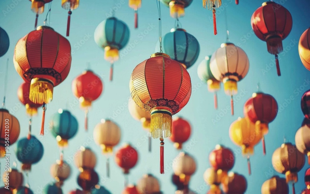 Numerous red, yellow lanterns suspended in sky, creating vibrant, festive display during cultural celebration. Numerous red, yellow lanterns suspended in sky, creating vibrant, festive display during cultural celebration.
