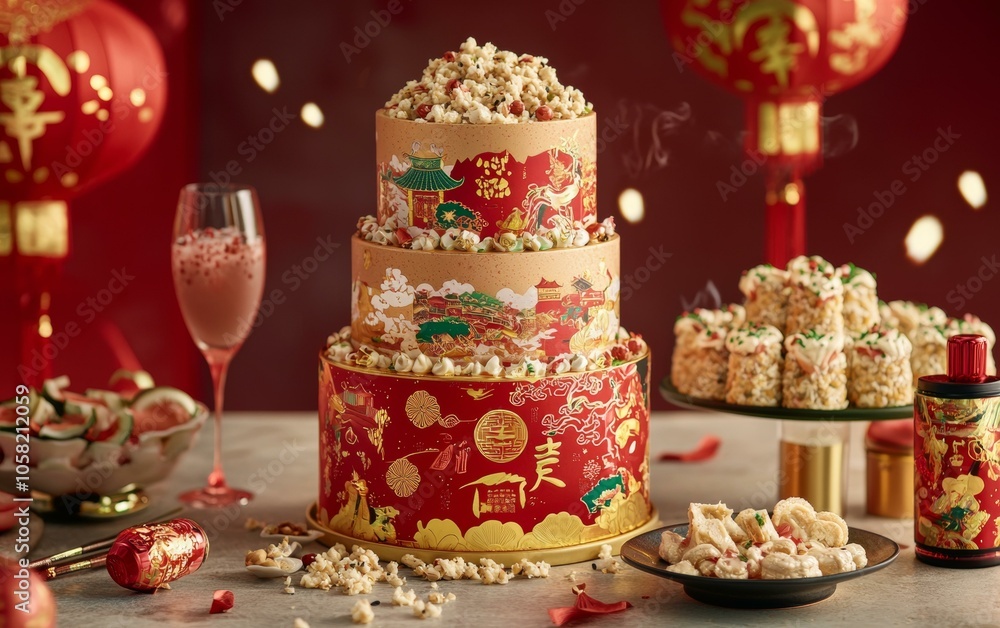 Elegant red, gold wedding cake adorned with popcorn, creating unique and festive celebration centerpiece. Elegant red, gold wedding cake adorned with popcorn, creating unique and festive celebration centerpiece.