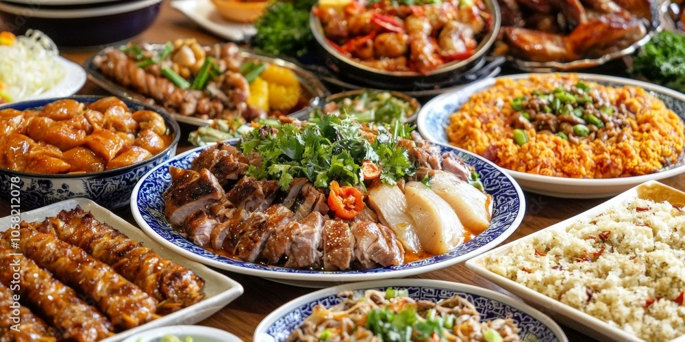 Delicious spread of diverse dishes, featuring rice, colorful vegetables, and assorted meats on wooden table. Delicious spread of diverse dishes, featuring rice, colorful vegetables, and assorted meats on wooden table.