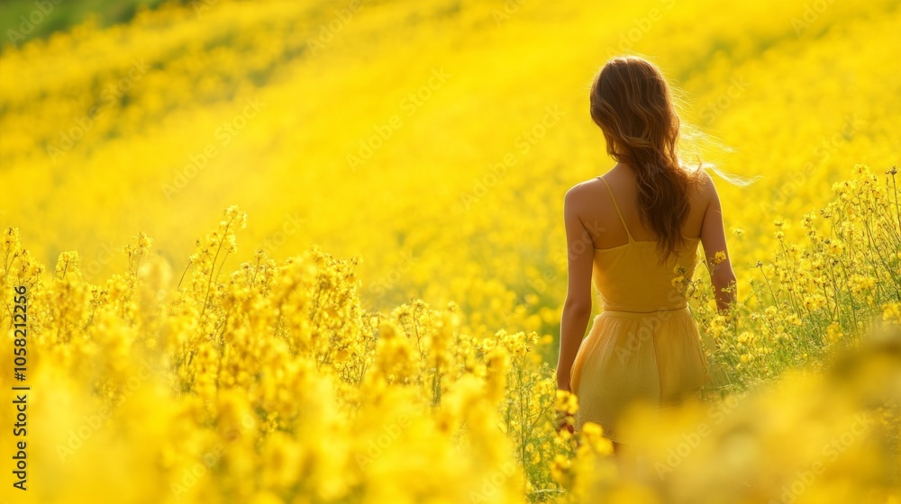 Woman Walking Through a Golden Field of Flowers Woman Walking Through a Golden Field of Flowers
