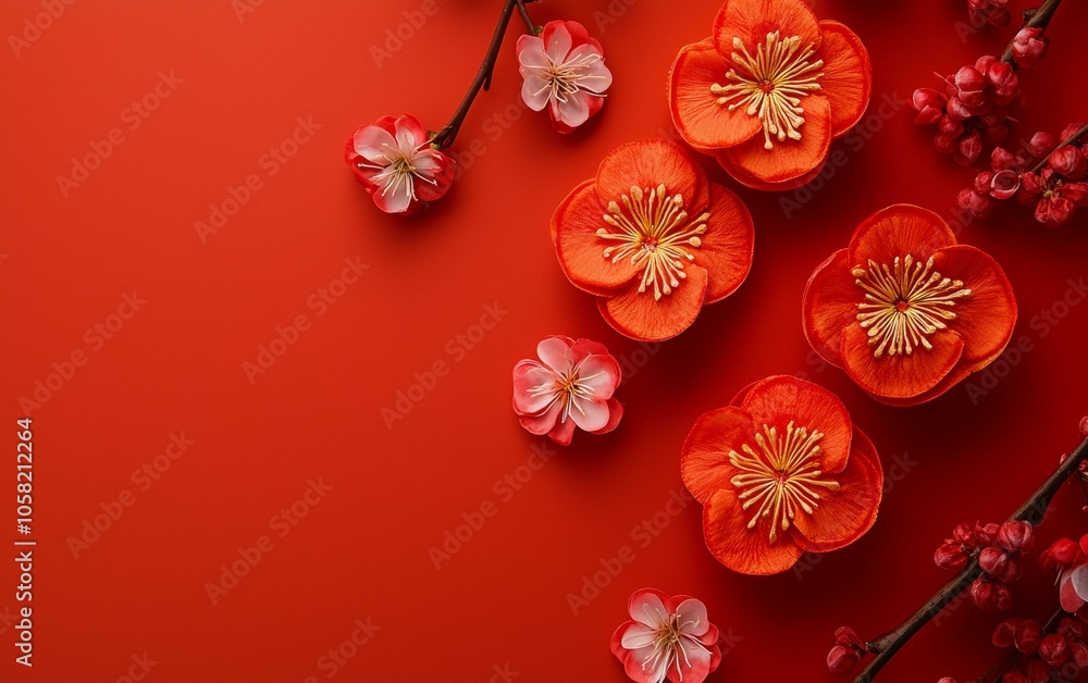 Colorful flowers on red backdrop, showcasing various blooms in vivid hues, creating striking contrast. Colorful flowers on red backdrop, showcasing various blooms in vivid hues, creating striking contrast.