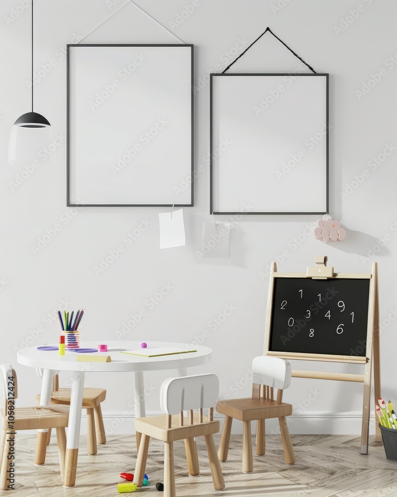 A white minimalist playroom with a table and chairs. a chalkboard. two blank frames. and a hanging lamp A white minimalist playroom with a table and chairs. a chalkboard. two blank frames. and a hanging lamp