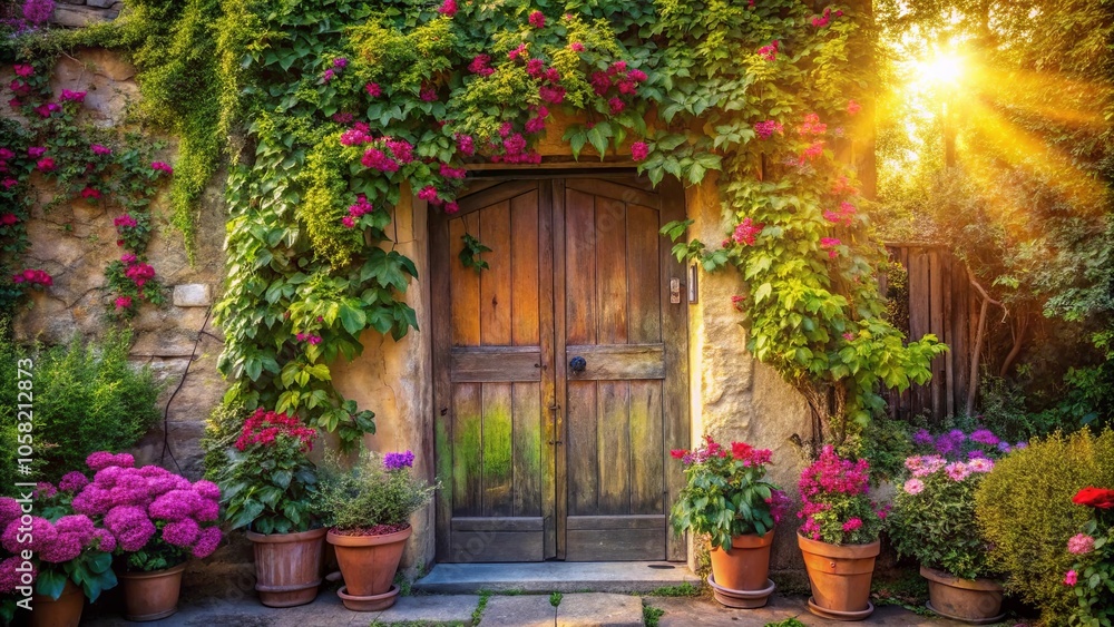 A weathered wooden door framed by a vibrant tapestry of blooming vines, bathed in the warm glow of a setting sun. A weathered wooden door framed by a vibrant tapestry of blooming vines, bathed in the warm glow of a setting sun.