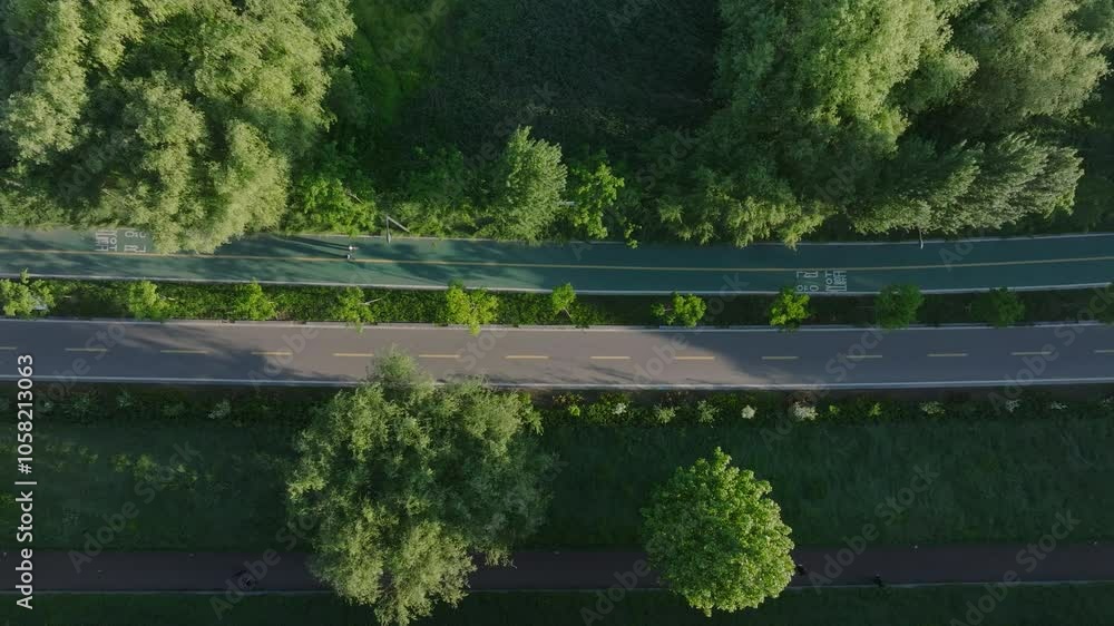 Aerial View: People Walking and Biking in a Green Park Aerial View: People Walking and Biking in a Green Park