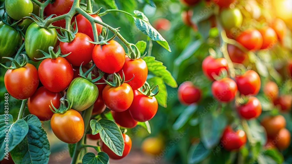 A cluster of vibrant red tomatoes, ripened to perfection, hang from a vine amidst lush green foliage, basking in the warm glow of the sun. A cluster of vibrant red tomatoes, ripened to perfection, hang from a vine amidst lush green foliage, basking in the warm glow of the sun.