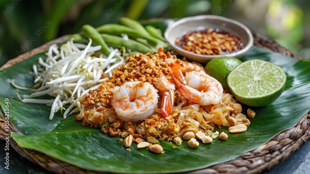 Gourmet Pad Thai with tender shrimp, roasted peanuts, Gourmet Pad Thai with tender shrimp, roasted peanuts,