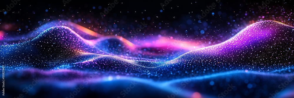 A dark background with glowing waves of purple and blue, representing the flow of data in digital technology A dark background with glowing waves of purple and blue, representing the flow of data in digital technology