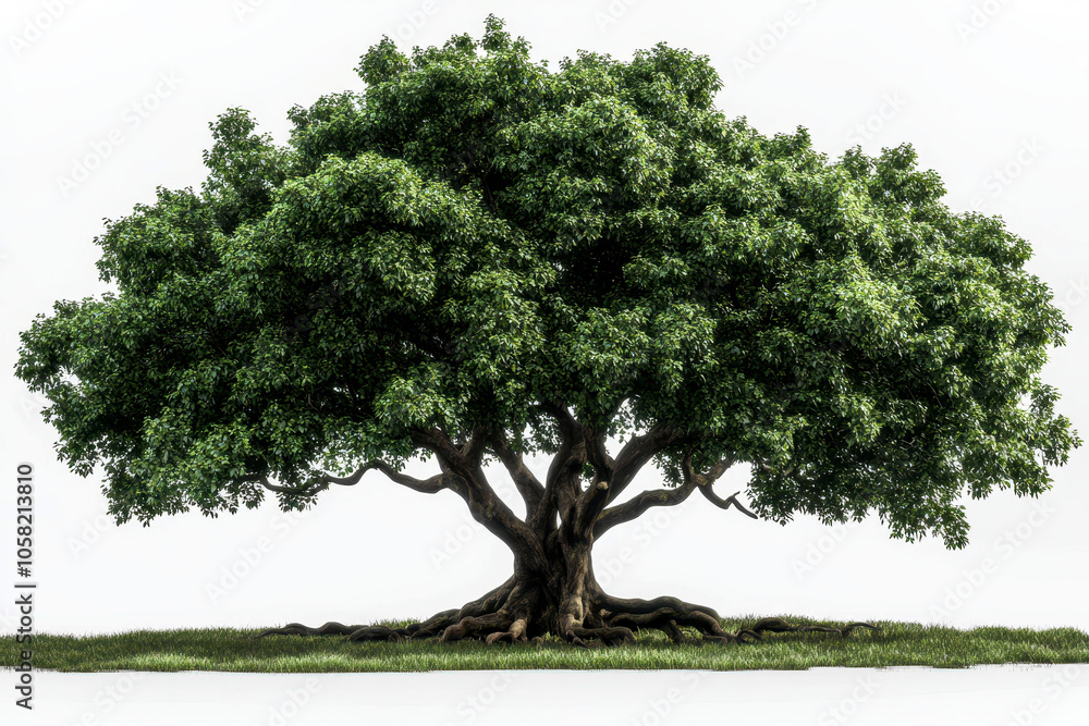 Obraz premium Lush, green tree isolated on white background with thick foliage and a long, curved trunk.