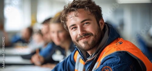 smiling male construction worker student in high vis vest learning in classroom for professional skill development training seminar
