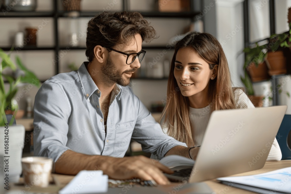 Professional Business Meeting with Mature Executive Woman and Male Colleague Discussing Project Ideas at Office Desk with Laptop Professional Business Meeting with Mature Executive Woman and Male Colleague Discussing Project Ideas at Office Desk with Laptop