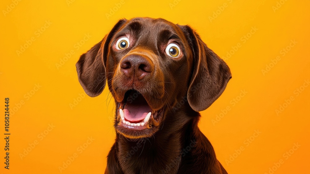 A surprised brown dog with wide eyes and an open mouth against a vibrant orange background. A surprised brown dog with wide eyes and an open mouth against a vibrant orange background.