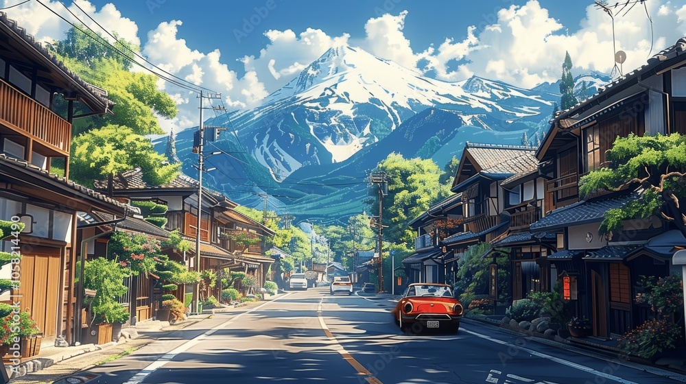 Fototapeta premium beautiful sunny day japanese town street with cars and houses anime landscape mountains digital art 25:14
