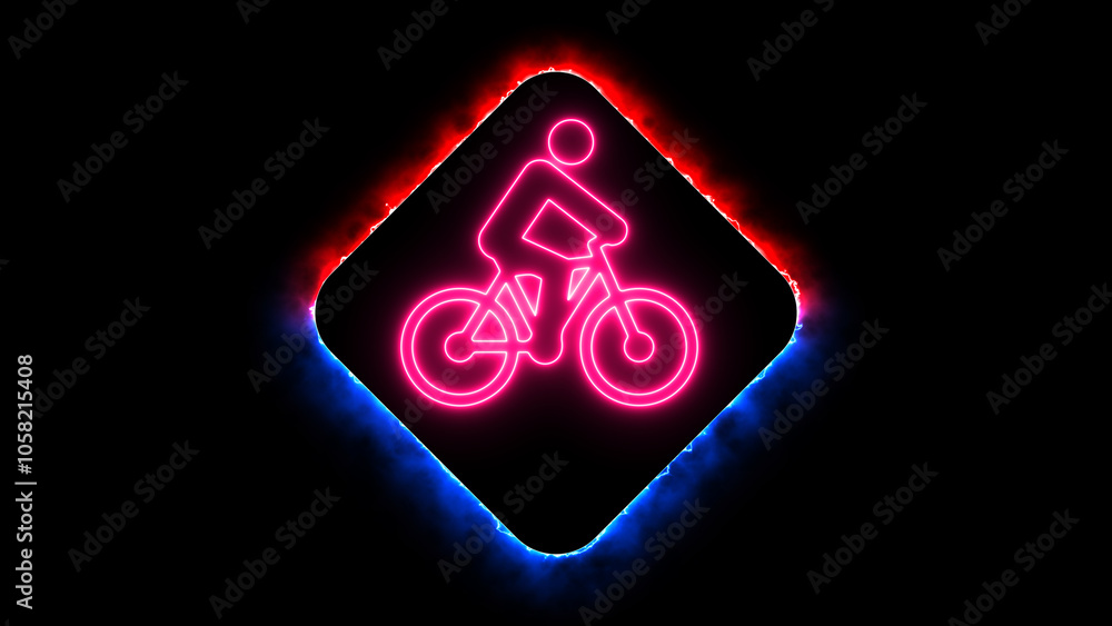 neon, glowing Bicycle icon on fire colorful round shape. neon, glowing Bicycle icon on fire colorful round shape.