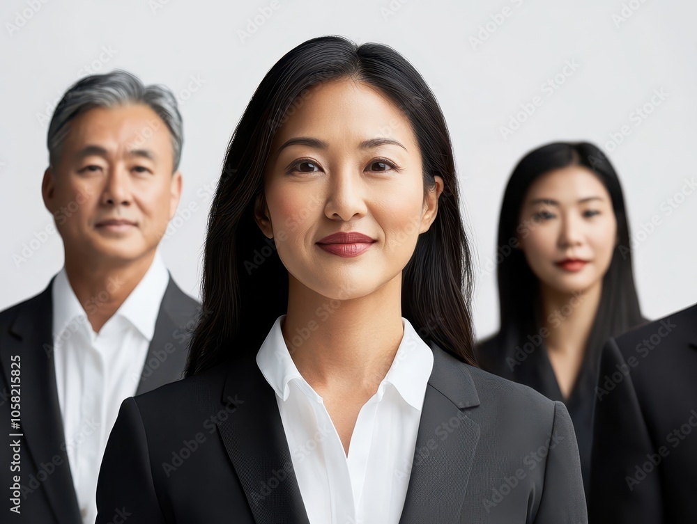 Group of professionals with Asian woman leading, pure white background, unity in teamwork Group of professionals with Asian woman leading, pure white background, unity in teamwork