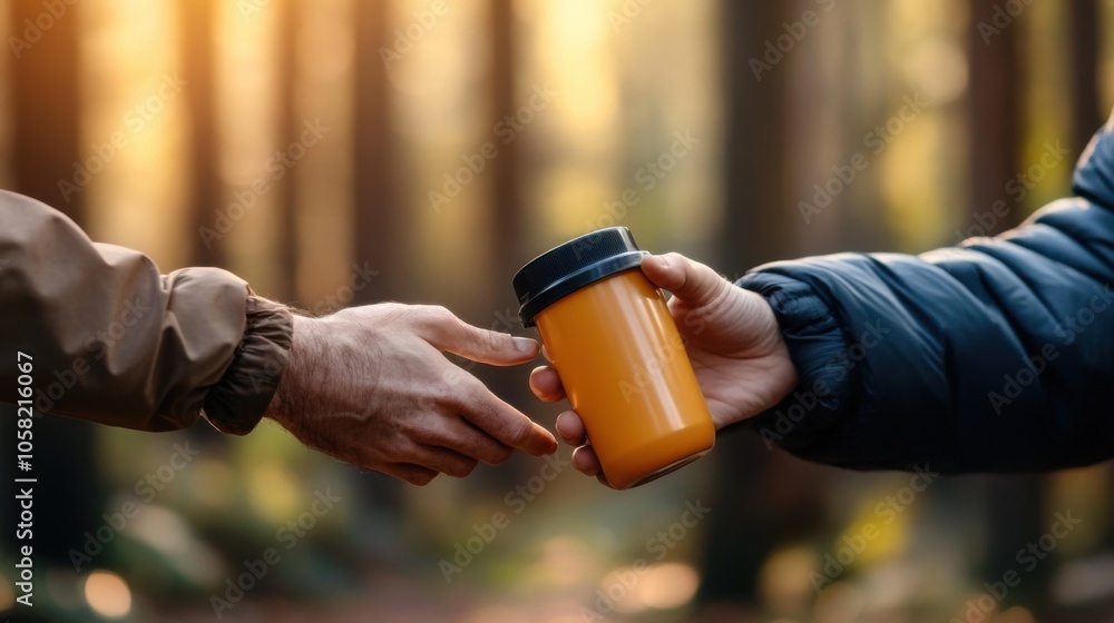Helping Hiker with Hydration in Nature Setting Helping Hiker with Hydration in Nature Setting