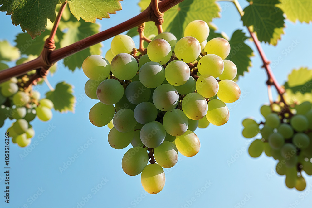 A low Angle close-up of a bunch of grapes against a blue sky background in the sun A low Angle close-up of a bunch of grapes against a blue sky background in the sun