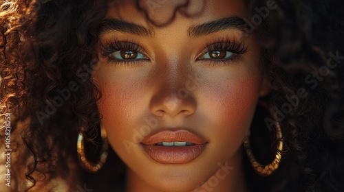 A charming portrait of a beautiful Dominican woman with fluffy dark brown curly hair, thick eyelashes, and natural makeup, wearing gold hoop earrings