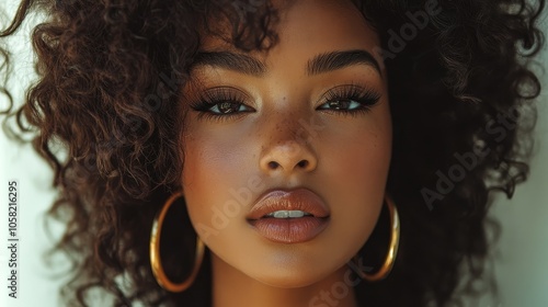 A charming portrait of a beautiful Dominican woman with fluffy dark brown curly hair, thick eyelashes, and natural makeup, wearing gold hoop earrings