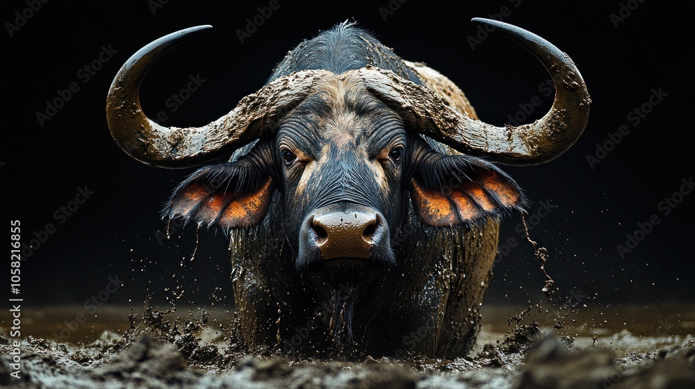 Naklejka premium A muddy buffalo stands prominently in a dark, dramatic setting.