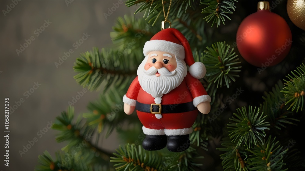 Realistic Christmas Santa Doll Ornament Hanging on Pine Tree Branch: Festive Holiday Decoration with Classic Red and White Santa Suit, Bushy Beard, and Joyful Expression Realistic Christmas Santa Doll Ornament Hanging on Pine Tree Branch: Festive Holiday Decoration with Classic Red and White Santa Suit, Bushy Beard, and Joyful Expression