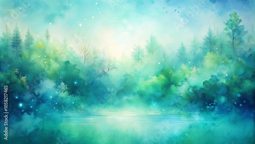 A Serene Water Reflection of a Misty Forest with a Soft, Light Blue Sky and a Scattering of White Dots