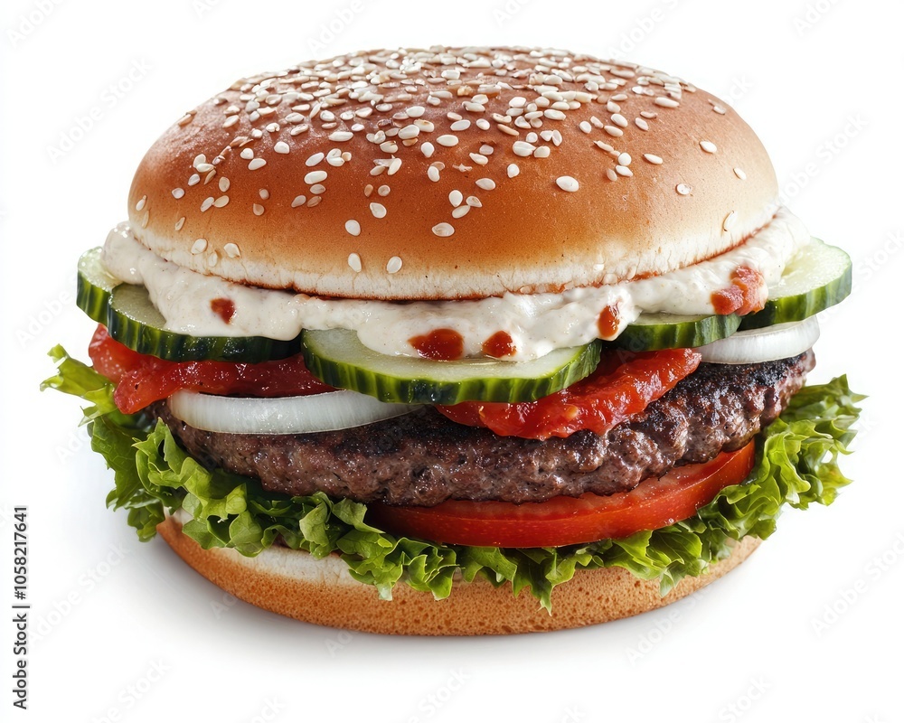 A delicious hamburger featuring a sesame seed bun, fresh lettuce, ripe tomatoes, grilled beef patty, cucumbers, and creamy sauce. A delicious hamburger featuring a sesame seed bun, fresh lettuce, ripe tomatoes, grilled beef patty, cucumbers, and creamy sauce.